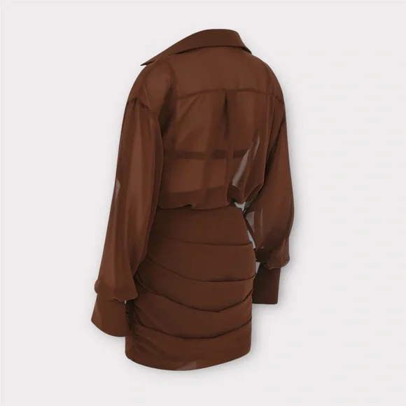 HOUSE of CB Small NWT CLEO Chocolate Chiffon Shirt Dress - Picture 3 of 16